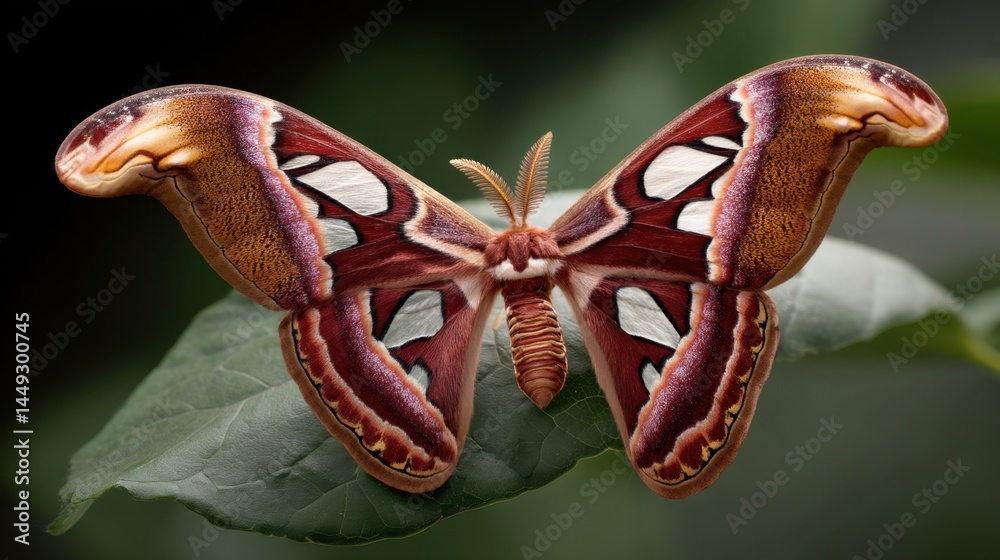 Fototapeta premium Atlas Moth Beauty: Detailed Wing Pattern on Leaf