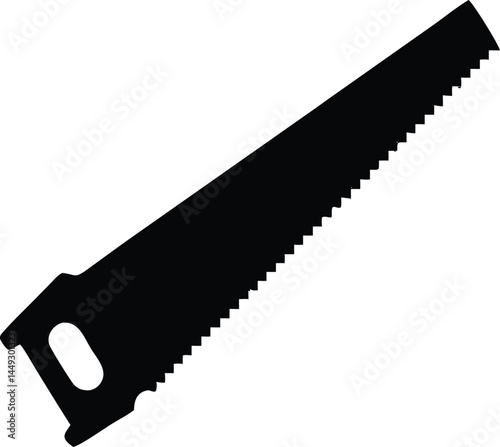 A black silhouette shows a handsaw tool with a handle on a white background