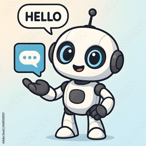 Cute Friendly Robot Assistant Saying Hello with Chat Icon - Cartoon Vector for Tech Support, Apps, Kids, AI, Chatbot UI