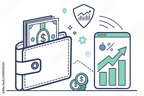 Fintech and online banking vector with wallet and charts.