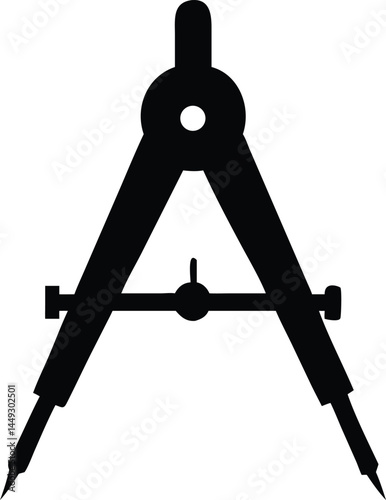 A geometric compass in black stands vertically against a white background for design