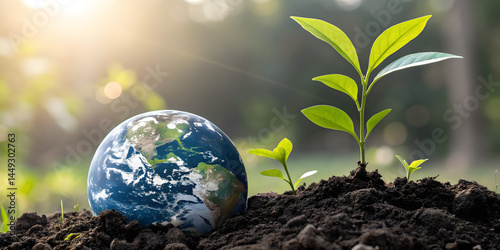 Miniature of earth nestled in soil with growing green plant. Sustainable development and ecological awareness concept photo