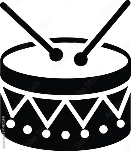 A minimalist black drum with drumsticks is presented in high contrast against white