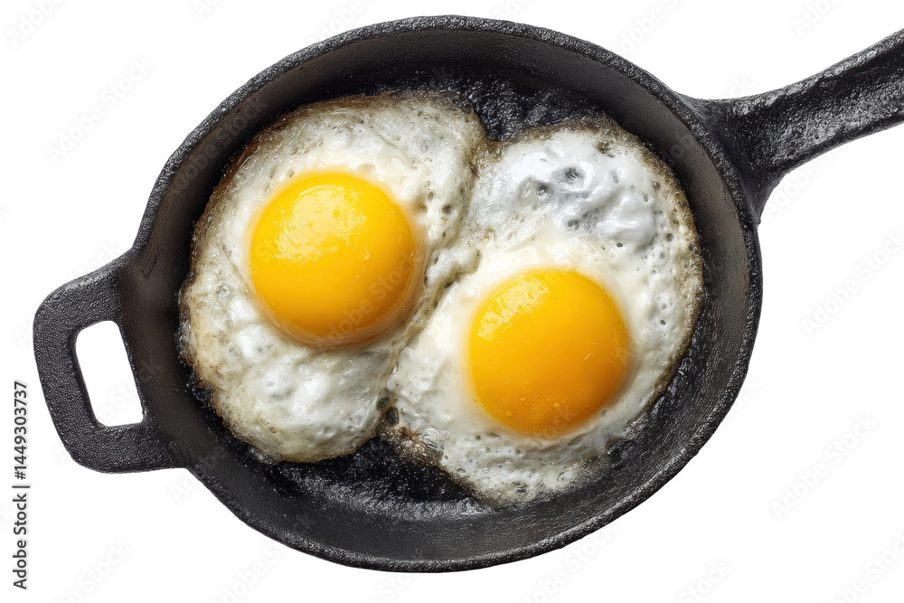 Sunny side up eggs in cast iron skillet on black background, cut out Sunny side up eggs in cast iron skillet on black background, cut out
