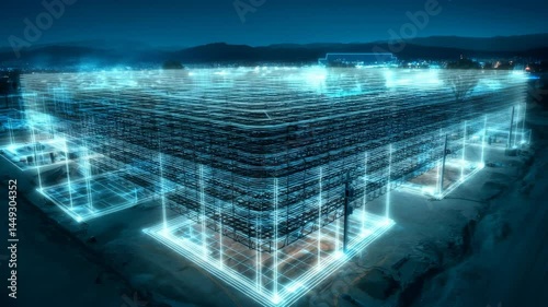 Futuristic aerial view of a building assembling from scaffolding to completion, enhanced with digital effects, holographic elements, cinematic lighting, and realistic textures