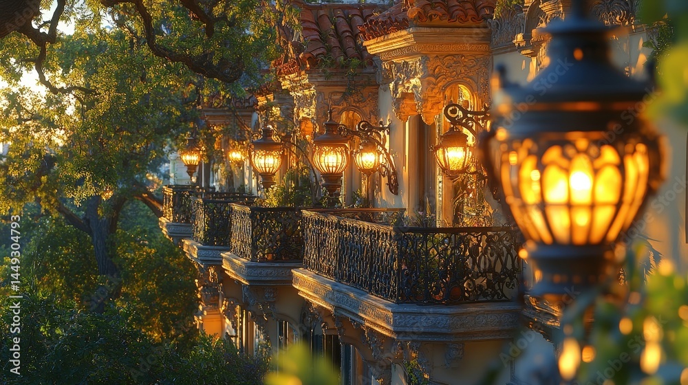Fototapeta premium Ornate building facade with warm lighting and balconies.
