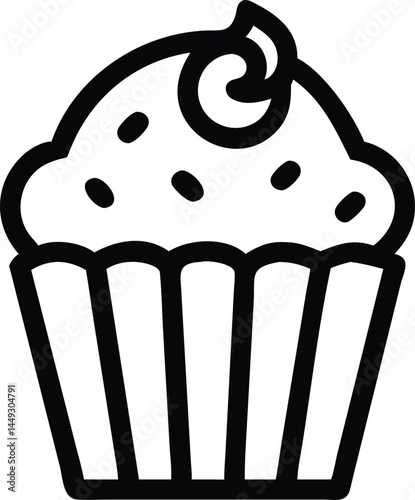 A simple cupcake with frosting and topping is depicted in a line drawing style