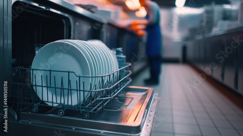 Fototapeta Naklejka Na Ścianę i Meble -  A busy kitchen with a dishwasher full of clean plates and a chef preparing food nearby