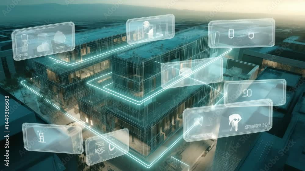 Futuristic aerial view of a building assembling from scaffolding to ...