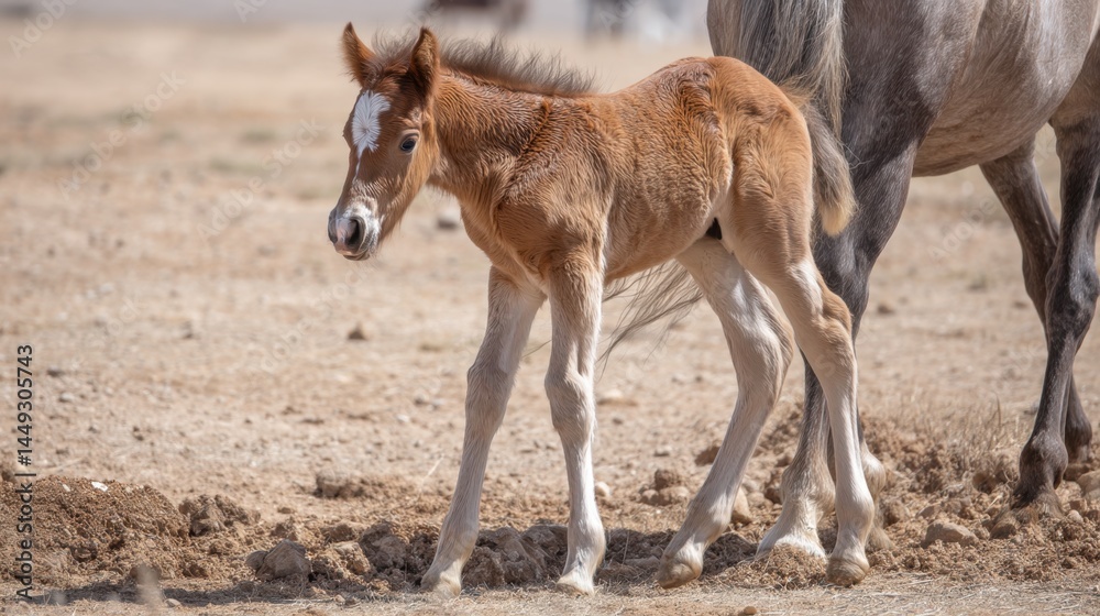 Fototapeta premium Newborn Dun Mustang Foal with Blaze, First Steps in Desert Sand