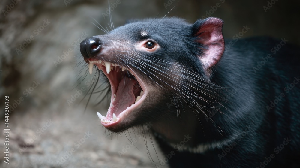 Fototapeta premium Intense Close-up of a Tasmanian Devil Yawning, Showing Sharp Teeth and Whiskers