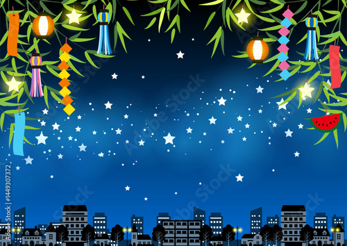 七夕背景、イラスト、かわいい、住宅街、天の川、横