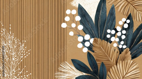 Elegant Tropical Leaves and Berries on Brown Stripes Background