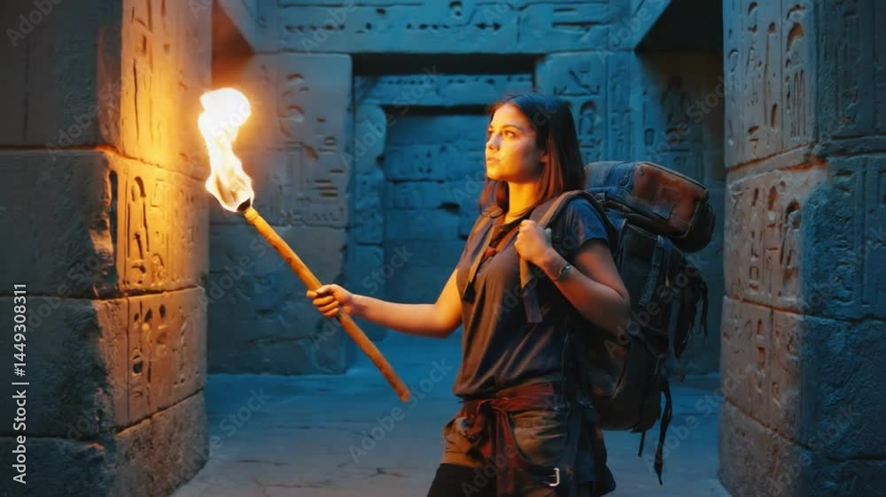 Lost Explorer in Ancient Ruins: A daring explorer delves into the mysteries of an ancient civilization, her torch illuminating the intricate carvings of a forgotten world.