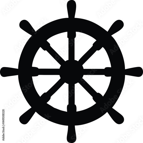 A single ship wheel is centered on an empty white surface in silhouette