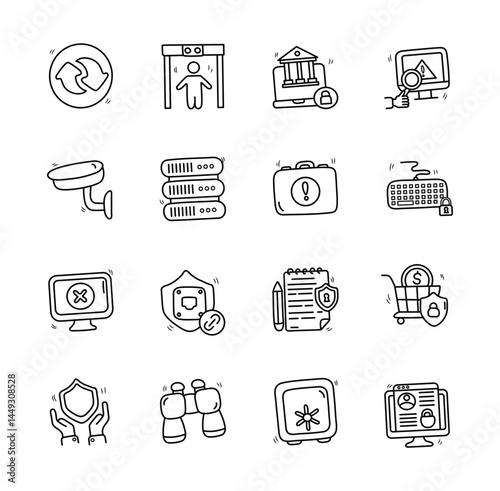 Security doodles Shielded protected and monitored icons