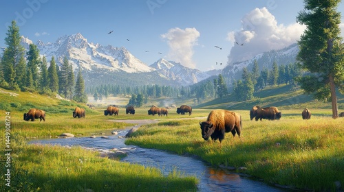 Bison grazing near a mountain stream