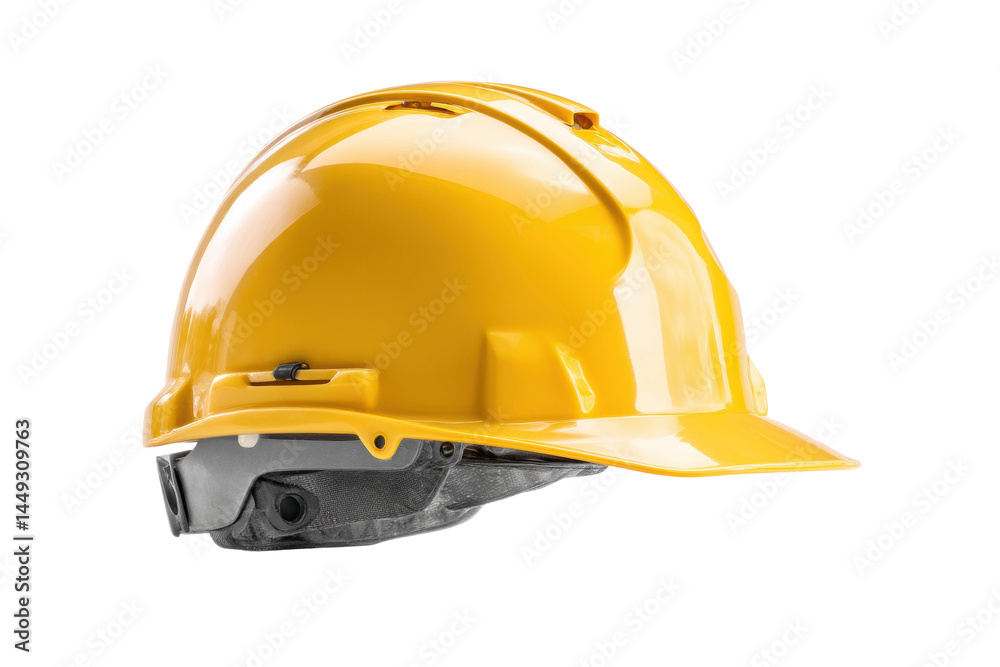 Fototapeta premium Yellow construction hard hat with safety visor on white background, cut out