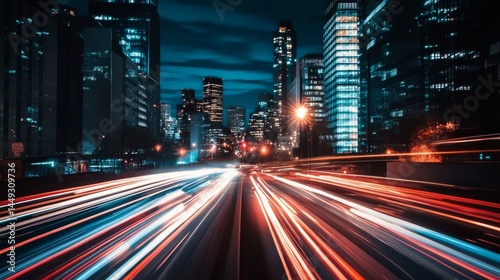 Long exposure shot of city street at night, showing streaks of light from car headlights