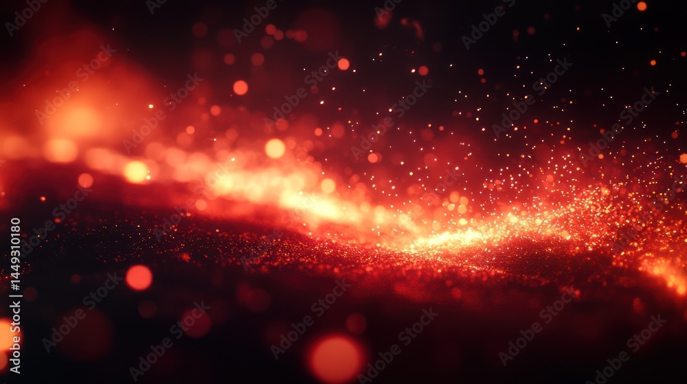 Fototapeta premium Red particles glowing, dark background, abstract