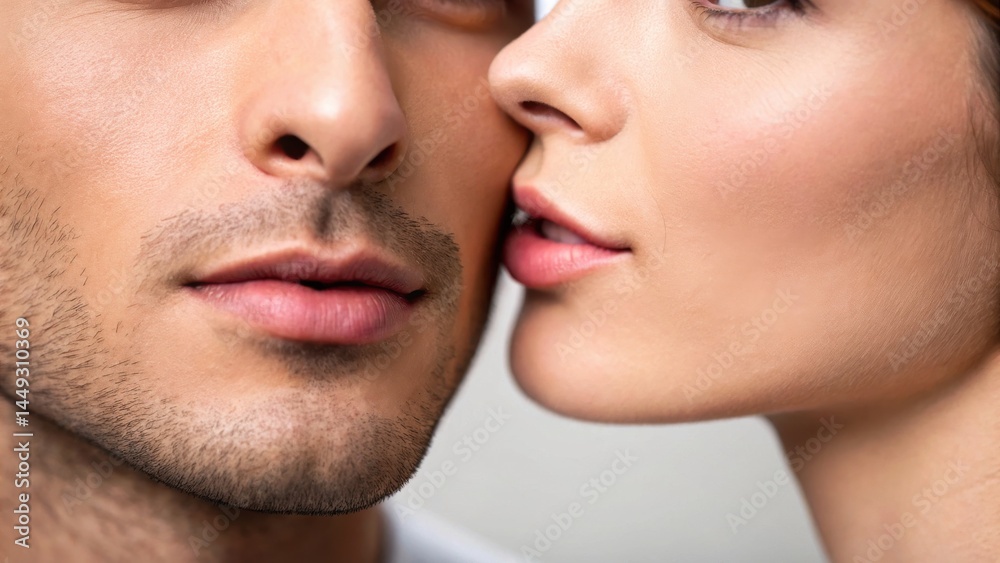 Obraz premium Close-up of a man's and woman's faces, with the woman whispering to the man, conveying intimacy and connection.