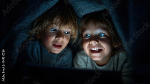 Two children lying under blanket looking at tablet in nighttime indoor setting