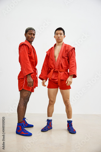 Training session with martial artists in red uniforms indoors photo