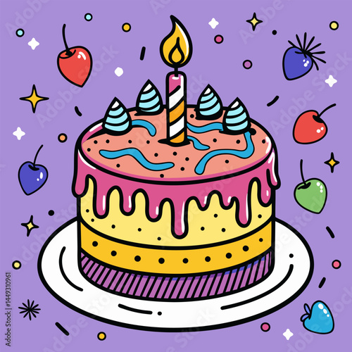 Colorful Birthday Cake with Cherries and Candles