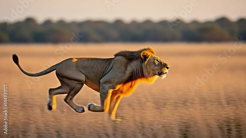 Majestic Lion Prowl: A majestic male lion, with a thick mane and piercing gaze, strides purposefully across a sun-drenched savannah. His powerful silhouette cuts through the golden light.