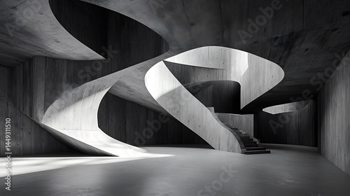 Gray Concrete Architecture With Arches and Stairs, Minimalist Indoor Space Concept