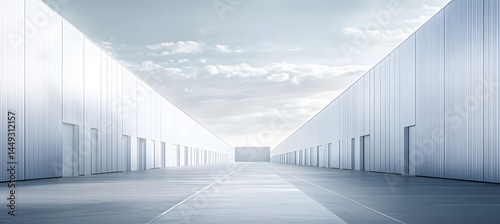 Expansive rear view of large white warehouse at distribution center showing logistics, storage, and shipping operations

