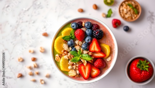 Vibrant and colorful smoothie bowl topped with fresh fruits and nuts for healthy breakfast