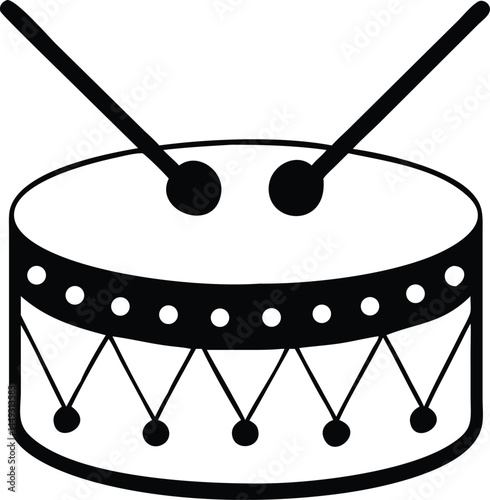 Black and white drum with two drumsticks is centered on a white background