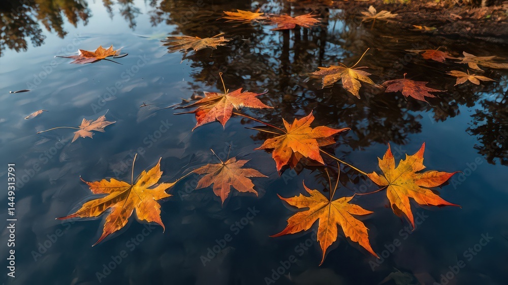 Autumn leaves floating on the surface of a calm pond reflecting the surrounding trees above them Autumn leaves floating on the surface of a calm pond reflecting the surrounding trees above them