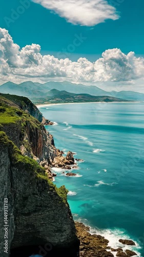 Turquoise waves meet the sandy coast of the sea under a bright sky