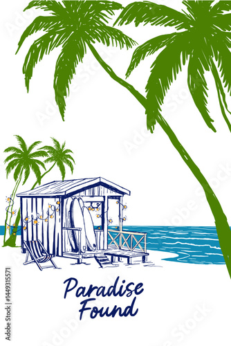 Summer vector illustration with SUP hut, paddle boards, deck chair and garlands on the beach. Green palms and Paradise Found lettering create a cozy vacation mood.