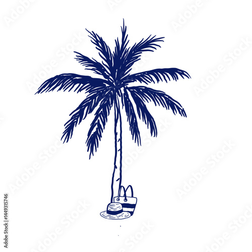 Palm, bag and hat on white background in linear vector style