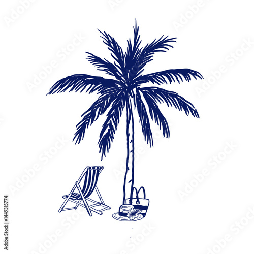 A beach deck chair, straw hat with flower and bag placed under a palm tree. Isolated vector illustration in hand-drawn line style with blue ink. Ideal for summer-themed designs, packaging and prints.