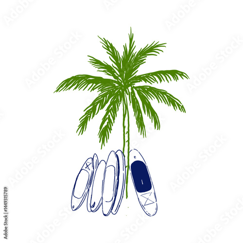 SUP boards leaning against palm tree in linear vector style