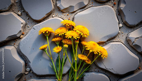 creative flat lay of yarrow on a stone background, with muted yellow hues, mellow afternoon glow