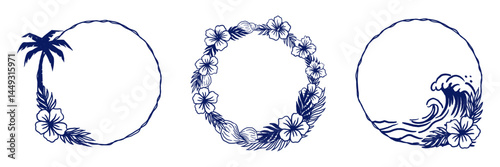 Set of three round frames with marine and tropical elements