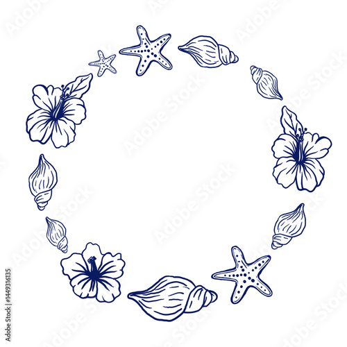 Circular beach-themed frame with hibiscus flowers, seashells, and starfish, drawn in navy ink line art. Perfect for summer invitations, tropical cards, marine decor, and greeting templates.