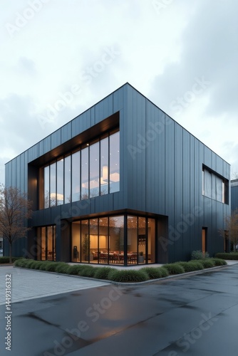 modern industrial warehouse with sleek metal panels and large glass windows, set in an urban environment under overcast skies, commercial architecture