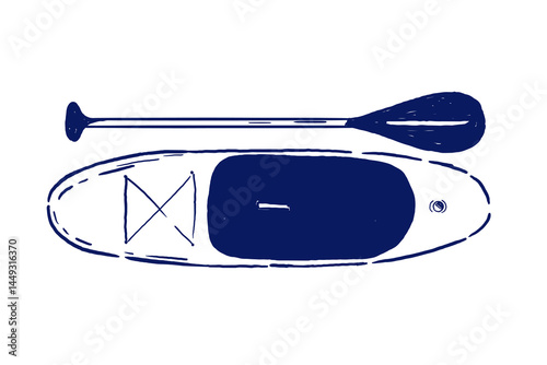 Hand-drawn top view illustration of a SUP board and paddle, perfect for summer adventure branding, water sports posters, and tropical vacation design.