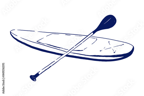 Hand-drawn perspective view of a SUP board and paddle, ideal for branding summer water sports, surfing lifestyle, and tropical beach designs.