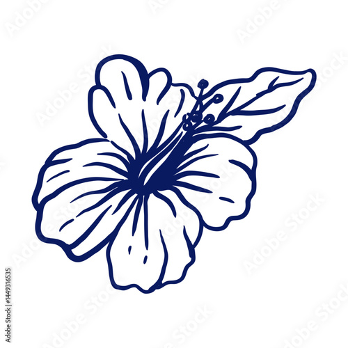 Hand-drawn illustration of a hibiscus flower with a leaf in navy blue. A tropical botanical element ideal for summer projects, island themes, and floral decorations.
