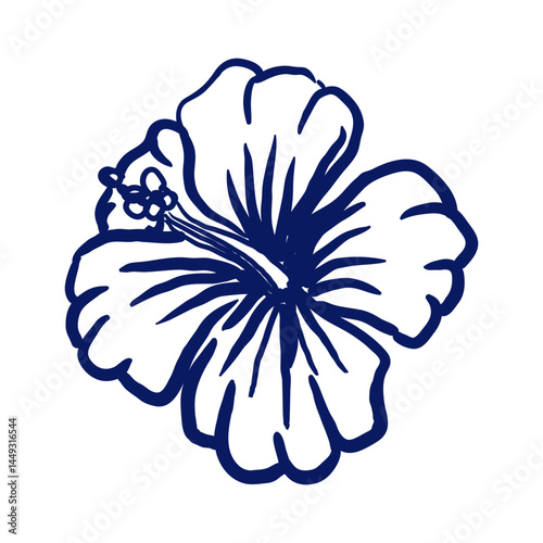 Hand-drawn illustration of a hibiscus flower in navy blue color. Iconic tropical symbol, perfect for summer designs, beach themes, botanical prints, and vacation visuals.