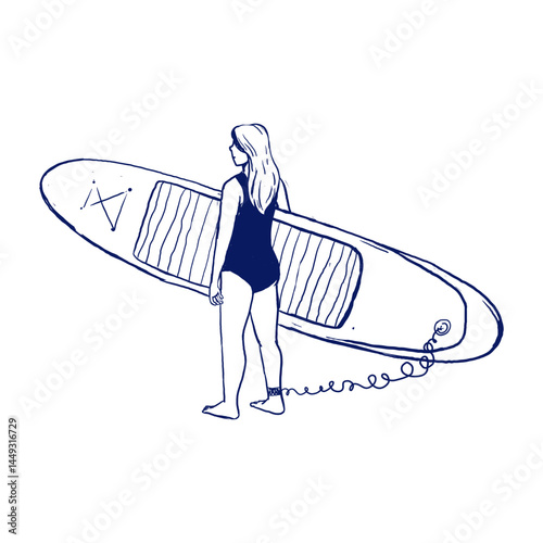 Hand-drawn illustration of a girl in swimsuit standing with a SUP board. Navy ink line art in minimalist doodle style, perfect for water sports visuals, summer graphics, stickers