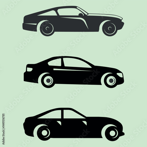 Three black car silhouettes depicting different sporty models automotive designs