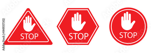 Stop sign set. Stop icon isolated on white background. Vector illustration. Stop hand sign with text. Red stop sign.